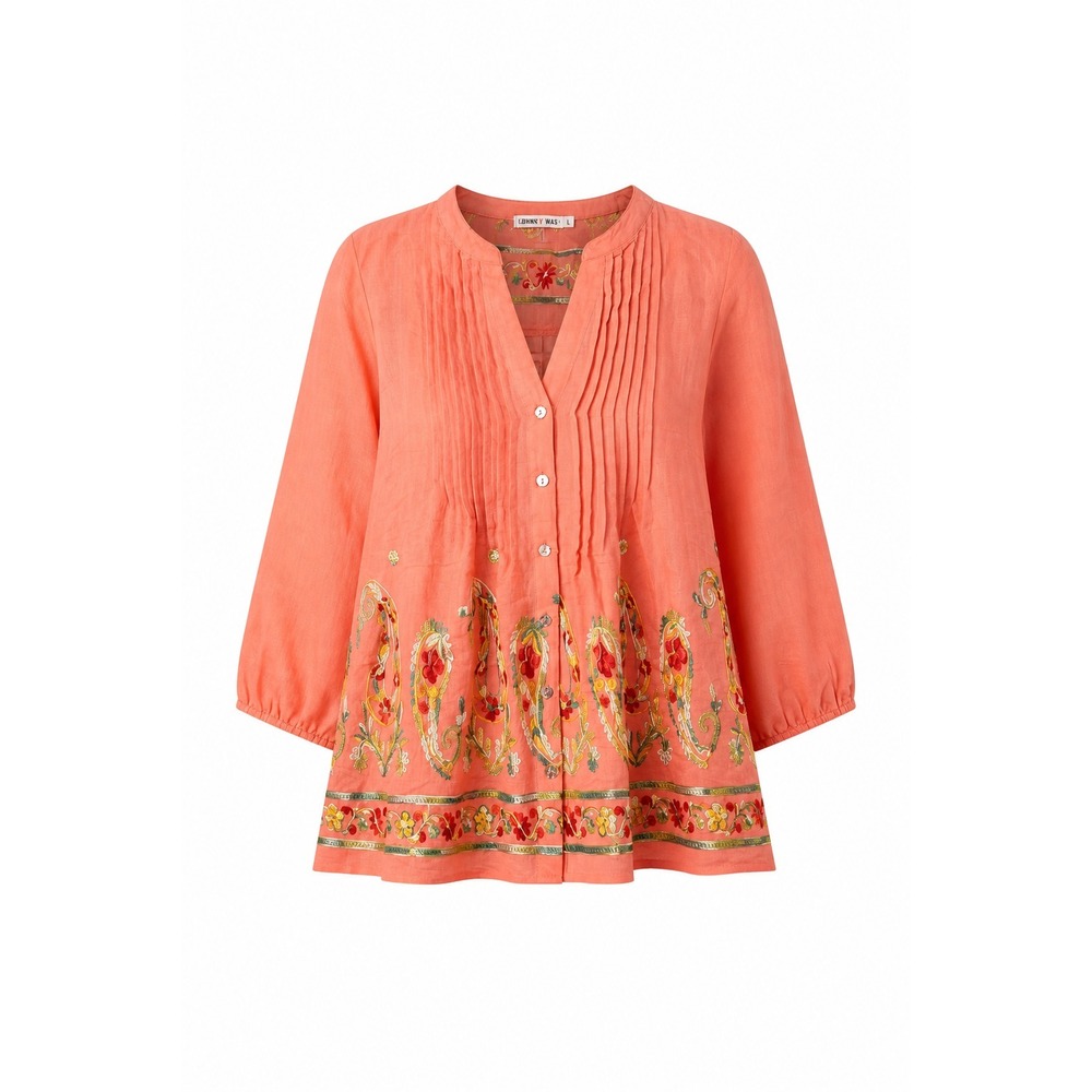 Figueroa & Flower Pintuck Blouse Womens L Coral Embroidered Peasant Cottage Top